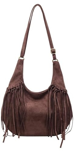Fransen Wildleder Hobo Tasche for Damen Vintage Umhängetasche Hippie Western Cowgirl mit Quasten Schultertasche Slouchy Crossbody Gothic Style Geldbörse
