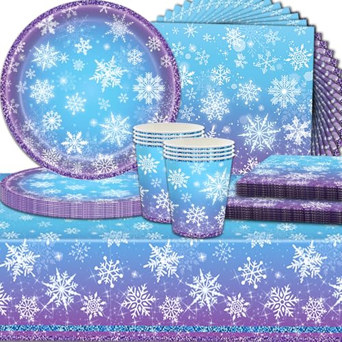 Vajilla para fiestas de cumpleaños Copos de nieve，Decoraciones de Fiesta Snowflake，SANYUANHE 61 Piezas de Platos de Papel,Vasos,Manteles,Decoración de Fiesta de Navidad de Invierno