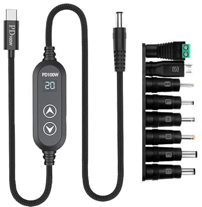 Dasbsug USB C DC5.5mm Power Supply 100W With 5V/12V/15V/19V/20V Multiple Output USB To Direct Power Cord 8 Adapters For Laptops Voltages Control Charging Cable