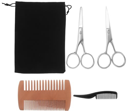 Healvian 1 Set Bartpflegeset für Männer – Spitzschere, abgerundeter Nasenhaarschneider, doppelseitiger Holzkamm und Kunststoff-Haarkamm – Reise-Schnurrbart-Tool für Partys und tägliches Styling