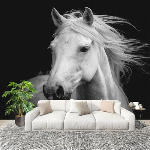 Decoración de Pared decorativos Murales 300x210cm Arte Animal Caballo Blanco Fotomurales Papel Pintado Tejido no Tejido Blanco Papel Pintado Panorámico, Grandes Murales Póster