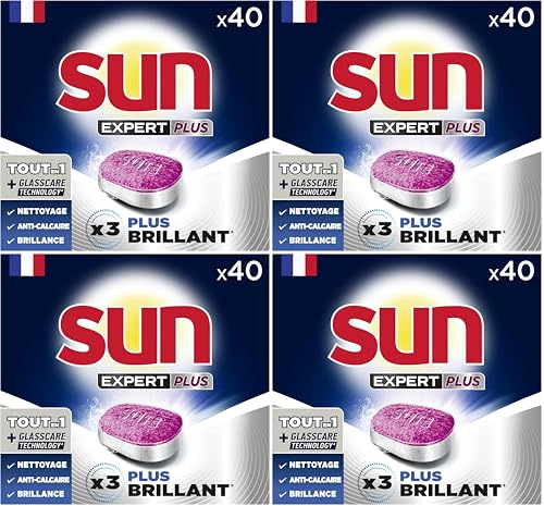 Sun - Pastilles Lave-Vaisselle Tout en 1 Brillance - Expert + Glass Care Technology - 40 Lavages - Fabriqué en France (Lot de 4)