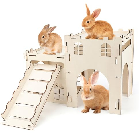 Large Wooden Rabbit House, Rabbit Castle Hideout for Rabbits, Rodents, 60cm | 60 x 30 x 40 cm Castle, 4 Rooms with Ramp, 20 Rings and 4 Zip Ties, Vent Windows, Guinea Pigs and Chinchillas