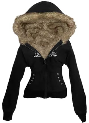 ORANDESIGNE Y2K Felpa con Cappuccio in Pelliccia Sintetica Donna Cerniera Cappotto Lungo Slim Fit con Collo di Pelliccia Harajuku Vintage Giacca | Y2k Clothes, giacca invernale con cerniera, vintage, grunge streetwear, swag clothes, giacca in pelliccia, slim fit