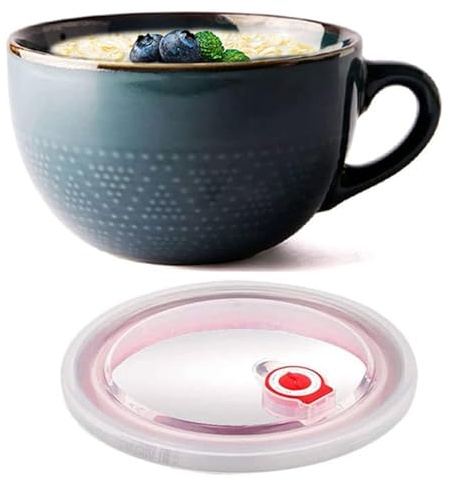 Licsaliwe Taza de sopa de cerámica con tapa de 700 ml, tazón de sopa apto para microondas con asa para cereales, leche, postre, avena, ramen