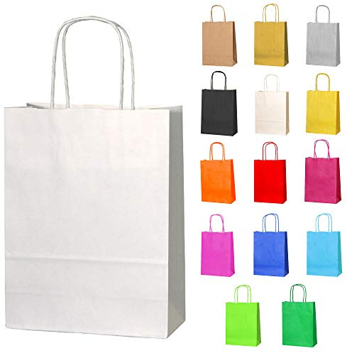Thepaperbagstore 10 Weiße Kleine Papiertüten mit Henkel 18 x 22 x 8 cm | Farbige, recycelbare Kraftpapiertüten für Süßigkeiten, Geschenke, Hochzeiten, Partys & Events.