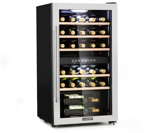 Klarstein Vinamour vinkylare med glasdörr - 2 programmerbara kylzoner, LCD-display, Touch, LED-interiörbelysning, 41 dB, volym: 80 liter / 29 flaskor, svart