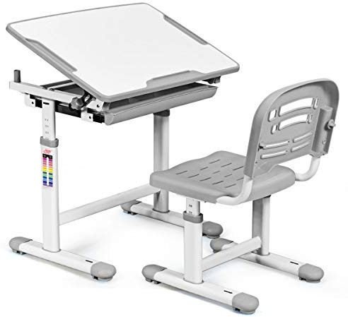 GOPLUS Kindertisch mit Stuhl, Kinderschreibtisch Höhenverstellbar, Schülerschreibtisch Farbewahl, Kindermöbel Neigungsverstellbar, Schreibtisch Kinder (Grau)