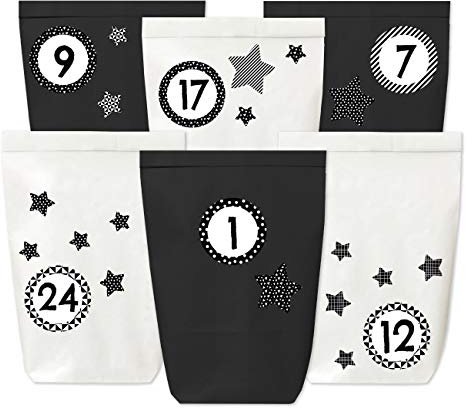 Papierdrachen Adventskalender 2025 zum Befüllen - 24 Papiertüten in Schwarz Weiß mit Zahlenaufklebern - Motiv Sterne - DIY - zum Basteln - Weihnachten