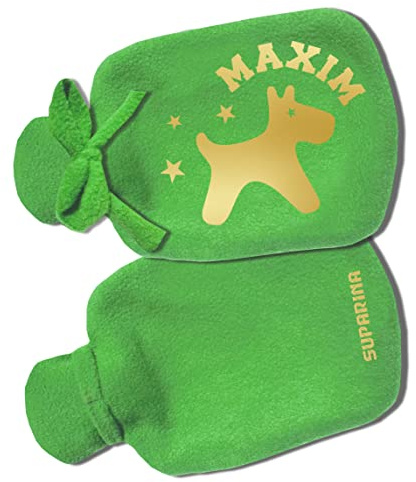 SupaRina Wärmflaschen-Bezug für Jungen und Mädchen mit Namen personalisiert und Motiv Hund Grün Gelb, Farben und Motiv nach Wahl, befüllbar kalt oder warm, Kuschel-Fleece 28x16 cm, auch mit Flasche