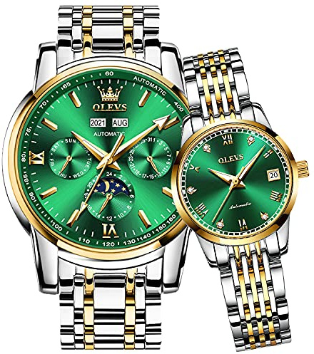 OLEVS Paar Armbanduhr, automatisch, für Damen und Herren, für Sie und Ihn, mechanisch, selbstaufziehend, Tourbillon, großes Gesicht, Armbanduhr mit Tag, Datum, Kalender, zweifarbig, Green Couples Moon