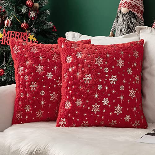 MIULEE 2er Set Kissenbezüge Weihnachten Kuschelkissen Flauschig Schneeflocken Dekokissen Sofakissen Plüschkissen Fellkissen Couchkissen Kissenhülle Zierkissenbezug für Wohnzimmer 50x50 cm Rot