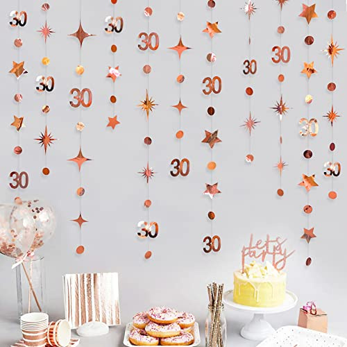 pinkblume Roségold-Dekorationen zum 30. Geburtstag, Zahl 30, Kreis, Punkte, funkelnder Stern, Girlande, metallischer Luftschlangen-Banner zum Aufhängen, Hintergrund für ihren schmutzigen 30. Geburtsta