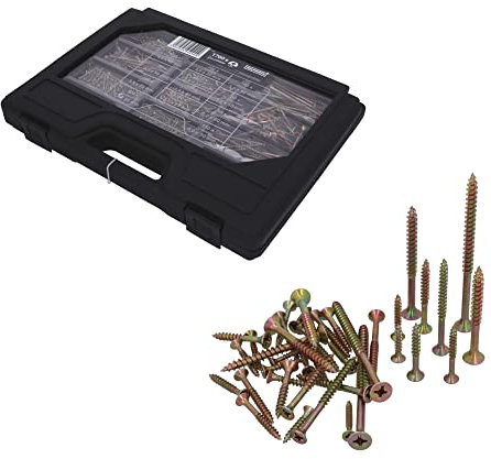 HELPMATE Holzschrauben Set - 1700-teiliges Schraubenset mit vielen Größen - Pozidriv-Antrieb, Senkkopf, Voll- & Teilgewinde, Universalschrauben für Dübel, Kunst- & Holzwerkstoffe, Gelb Passiviert