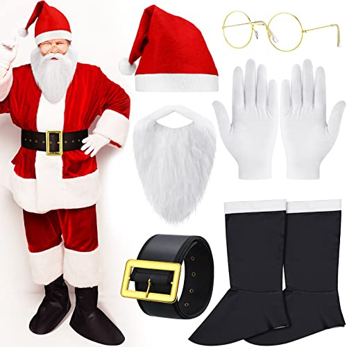 Eurzom 6 Pcs Santa Costume Set Hat Beard Belt Gloves Glasses Boots for Men