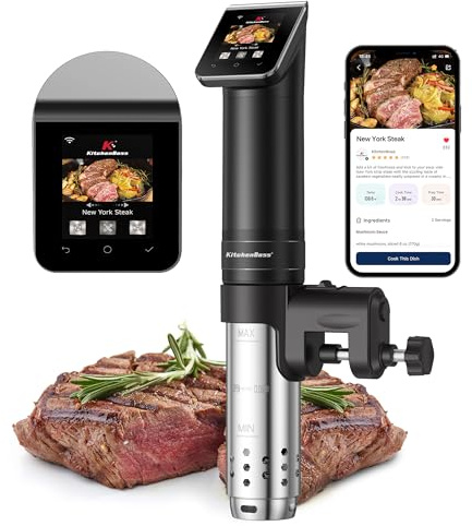 KitchenBoss WIFI Sous Vide Cooker: Ultra-Quiet Sous-vide Cooking Machine 1100 Watts Stainless Steel Immersion Circulator for Kitchen with TFT Preset Recipes (Black)