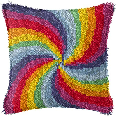ZUHK Pre Printed Pattern Cross Stitch Sofa Cushion Cover DIY Latch Hook Kits,3D Pillow Materials Package Latch Hook Embroidery Kits with Latch Hook Tool fit for Kids and Adults,43x43 cm (Rainbow C)