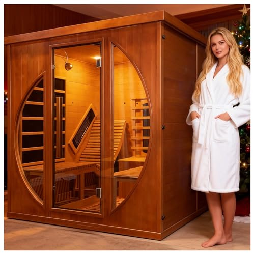 amocane Sauna infrarouge en cèdre inclinable 2 personnes en bois pour la maison, spa, saunas à chaleur sèche d'intérieur avec 9 chauffages, haut-parleur Bluetooth, 7 lumières de couleur, barre