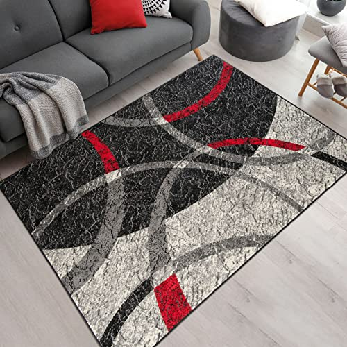 Mazovia Groß Teppich Wohnzimmer 300x400cm Rot Anthrazit Geometrisch Weich | Teppich für Schlafzimmer Büro Esszimmer 90er-Retro Pflegeleicht Fußbodenheizungsgeeignet Reinigungsmittelbeständig Kurzflor