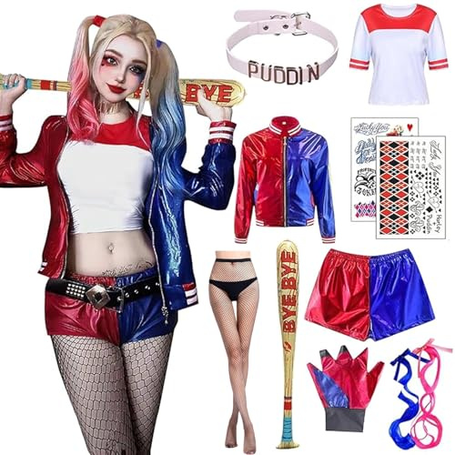 Maryparty Disfraz de Quinn para Niñas Mujer, Disfraz de Cosplay Suicide Squad Halloween Carnaval Camiseta Pantalones Chaqueta y Guante, Guantes, Bate Inflable (Mujer, Small)