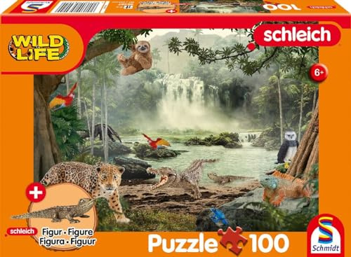 Schmidt Spiele 56467 Wild Life, Im Regenwald, 100 Teile, mit Add-on (eine Original Figur Krokodiljunges) Kinderpuzzle
