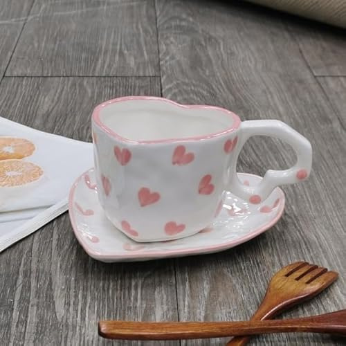 umsl Tazza da caffè in ceramica fatta a mano con manico a forma di cuore, 250 ml, colore: rosa