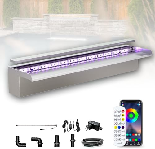 Longrun 60cm Teich Wasserfall Set, 304 Edelstahl Pool Wasserfall Brunnen mit RGB Bluetooth LED und Fernbedienung, Breite 15cm