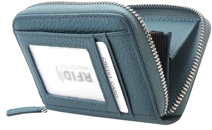 ILIYAH Damen Geldbörse RFID-Blockierung Leder kompaktes Portemonnaie für Frau Münztasche kleine Damengeldbörse mit ID-Fenster(Blau)