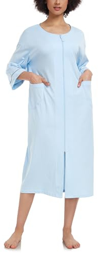 COLORFULLEAF Damen Bademantel mit Reissverschluss 100% Baumwolle Leicht Morgenmantel Hausmantel Damen Lang mit Taschen M-XXL(Hellblau,2XL)