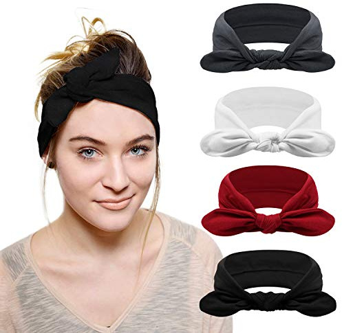 DRESHOW 4 Stück Damen Stirnband Elastische Weiche Stirnbänder Kopfband Haarband Kopf Wickeln Niedlich Haarschmuck für Alltag Yoga Sport Fitness