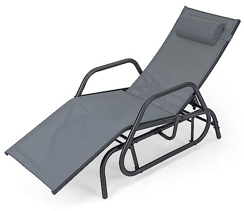 GOPLUS Schaukelliege, Sonnenliege mit 3 Fach Verstellbarer Rückenlehne, Gartenliege mit Kopfkissen, Liegestuhl Terrassenliege bis 150kg belastbar, Relaxliege Garten Balkon Pool (Grau)