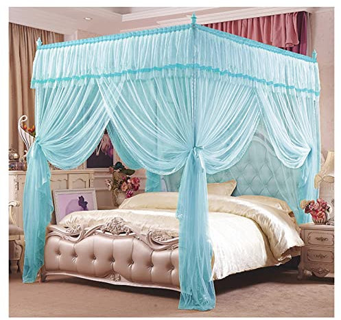 Betthimmel, 4 Eckpfosten, luxuriöser Bettvorhang für Twin Queen Doppelbett, verschlüsseltes Moskitonetz mit Montagehalterung (Farbe: Blau, Größe: 180 x 220 x 200 cm)