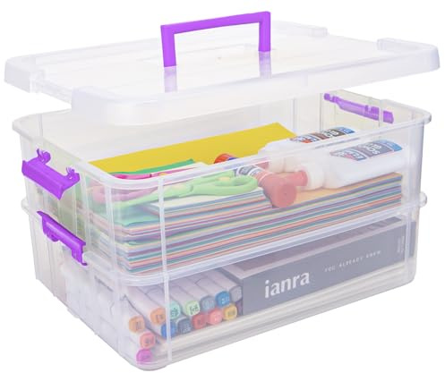 Creahaus 2-lagige Kunststoff-Aufbewahrungsbehälter mit Deckeln, Mehrzweck-Aufbewahrungsbox zum transparenten Stapeln und Tragen, tragbare Bastel-Organizer und Aufbewahrungsbehälter für die