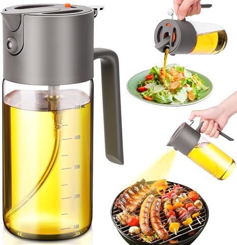 Costop Oil Sprayer for Cooking, 2025 Large Advanced Olive Oil Dispenser Bottle,500ml/17oz Glass Olive Oil Sprayer,2 in 1 Even Spray with Portion Control for Kitchen, Air Fryer, Salad, BBQ - Gray