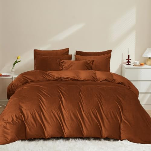 Covebett Biancheria da letto calda 220 x 240 cm, color caramello marrone, invernale, calda flanella, in pile Shaggy Cashmere Touch, invernale, soffice pile corallo, copripiumino con chiusura lampo e 2