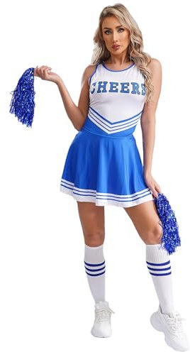 Linjinx Cheer Leader Kostüm Damen Cheerleading Outfit Schulmädchen Kleid Tanzkleid mit Pompoms Socken Tanz Kostüm Halloween Karneval Fasching Party Blau M