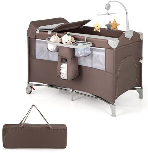 COSTWAY 5 en 1 Cuna Bebé con Ruedas Bloqueables, Cuna de Viaje con Cambiador, Juguetes Colgando, Caja de Música, Colchón y Bolsa de Transporte, Cama Infantil de 2 Niveles (Marrón)