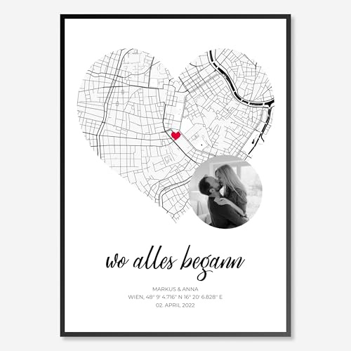 PRINTMYPLACES Wo alles begann Poster mit Foto & Koordinaten - Personalisiertes Premium Wandbild mit Rahmen | Geschenk zum Jahrestag oder Hochzeitstag | Partner Geschenk für Sie & Ihn