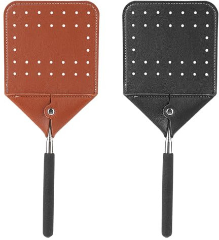 2pcs Tapettes Mouches Télescopiques Cuir, Tapettes Mouches Télescopiques Robustes Longue Poignée Tapettes Mouches Extensibles Moustiques Mouches l'Intérieur l'Extérieur(Noir, Marron)