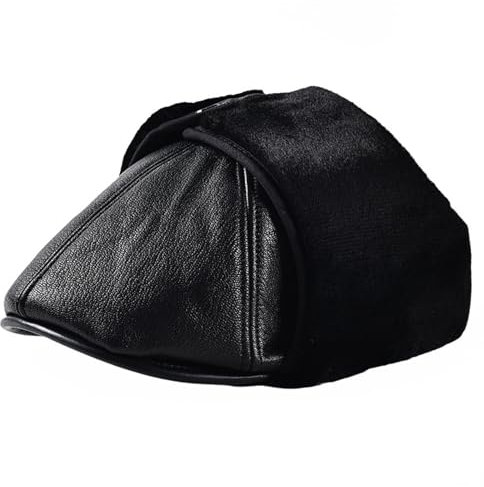 Reyox Herren Leder Wintermütze mit Ohrenklappen, Winter Baskenmütze für Outdoor-Aktivitäten Schwarz 2 X-Large