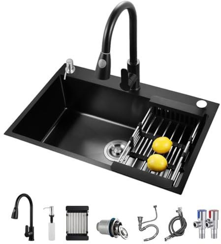 GWFBLID Fregadero Cocina 1 Seno con Escurridor y Sifón, Fregadero Bajo Encimera, Fregadero Negro Antracita Cuadrado de Acero Inoxidable, Fregadero de Cocina con 3 Orificios, Fregadero Camper