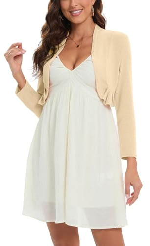 Hobrounn – Boléro pour femme – Élégant à manches longues – Cardigan court – Veste en tricot – Boléro avec devant ouvert – Haut décontracté, crème, M