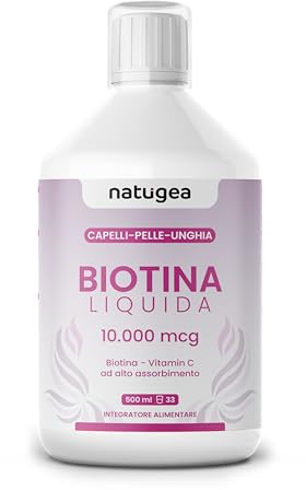 Natugea - Biotina Capelli Liquida, Integratore Capelli, Pelle e Unghie, Integratore Alimentare con Biotina 10000 mcg ad Alto Assorbimento, Privo di OGM, Formula Liquida e Vegana, 500 ml