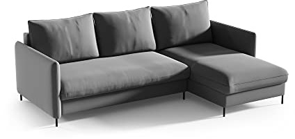 Sofello BELIS Ecksofa mit Schlaffunktion L-förm Liegefläche: 201 x 150 cm Boucle-Velours-Stoff Sofa 3-Sitzer Ecksofa mit Schlaffunktion und Bettkasten (Riviera 91 - grau)