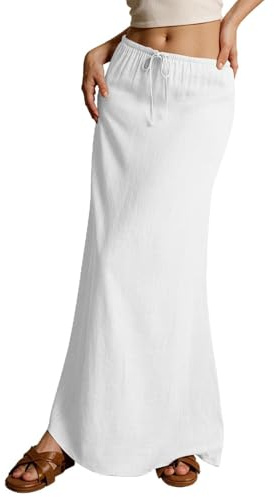 shownicer Rock Damen Leinenrock Elegant Boho Strandrock Hohe Taille Einfarbig Vintage Freizeitrock Elastischer Taille Sommerrock A Weiß L