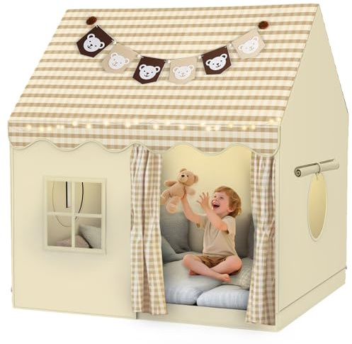 Kinderzelt Spielhaus Indoor mit LED-Lichtern and Bear-Dekoration, Kinder Bettzelt, Spielzelt für Drinnen, Prinzessin Zelt mit Fenstern, Kinderzimmer Dekor- Lesezelt & Kinderspielhaus