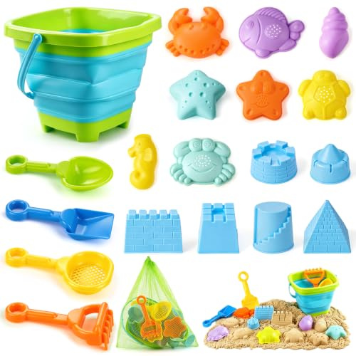 20PCS Beach Toys Set，Bucket and Spade Beach Set Kids With Collapsible Bucket Marine Animal Sand Moulds and Shovels in Mesh Bag, Sand Pit Toys Summer Water Toy for Toddlers Kid Boys Girls Age 2 3 4 5+