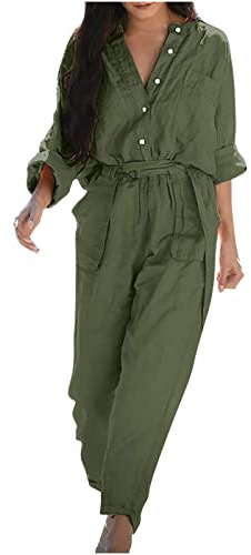 Cotton Linen Jumpsuits Women Long Sleeve Jumpsuits with Pockets Casual Button Down Shirts One Piece Playsuit Solid Color V Neck Summer Romper Loose Fit Turn-Down Collar Overalls Workwear