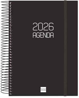 Finocam - Agenda Espiral 2026 1 Día Página | Enero - Diciembre (12 meses) | Agenda Anual 2026 con goma | Tapa de polipropileno Espiral Opaque - Negro - Español