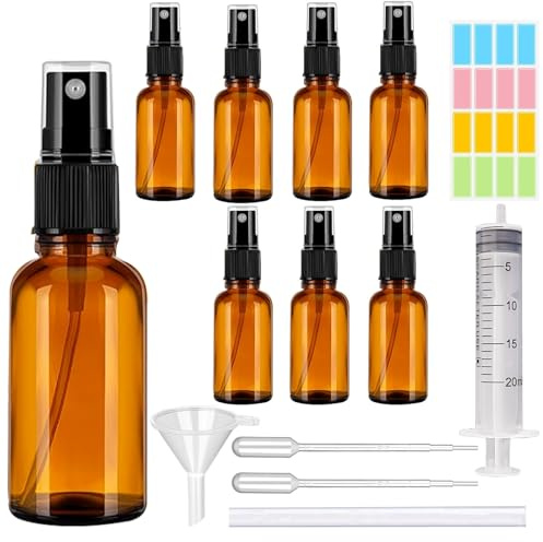 CafullCon 8 Stück Sprühflasche Glas, 100ml Braunglas Sprühflaschen zum Befüllen Tragbares, Nachfüllbar Zerstäuber mit Trichte, Tropferr und Etiketten für Wasser Alkohol Kosmetik Parfüm Aromatherapie